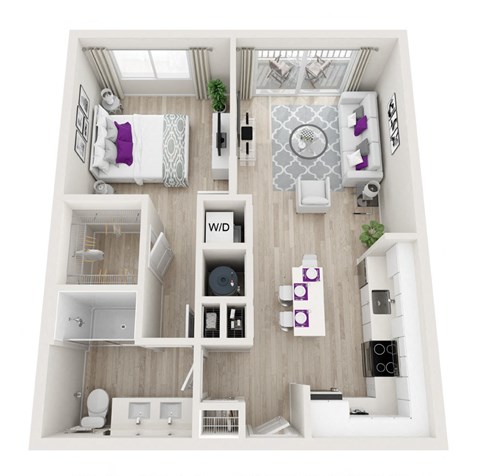 Floor plan for 1 bed, 1 bath, 684 sqft